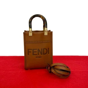 FENDI sunshine shopper mini logo Shoulder Bag leather Brown 64415 - Picture 1 of 9