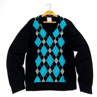 Vintage Y2K Express Mens Argyle Sweater Size L V Neck 2000s Preppy Black Teal  - Image 1 of 4