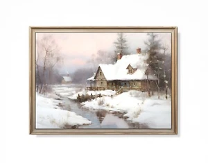 Rustic Winter Oil Painting Farmhouse Decor Vintage Cottage Antique Wall Art - Picture 1 of 3