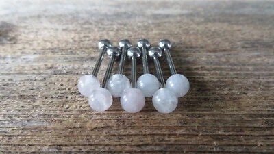 Rose Quartz Stone Surgical Steel Barbell Tongue Ring 14G (1.6mm) Piercing - Image 1 of 4