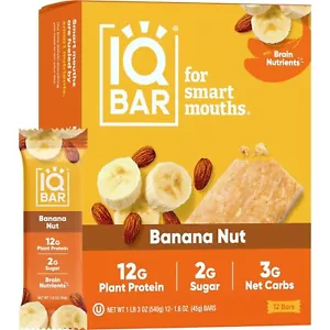 IQBAR Brain and Body Plant Protein Bars - Banana Nut - 12 Count , Low 2g sugar - Picture 1 of 7