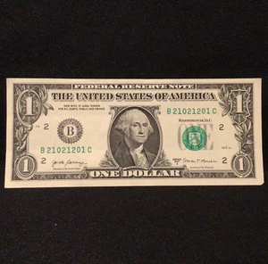 TRINARY REPEATER SERIAL NUMBER $1 DOLLAR NOTE BILL 21021201 (2017A) - Picture 1 of 6