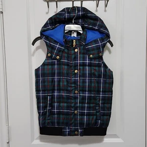 Peyton & Parker Girls L (14) Puffer Vest Blue Green Plaid Zip Snap Front - Picture 1 of 7