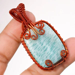 Ciondolo in rame con pietra preziosa amazzonite fatto a mano avvolgere gioiel... - Foto 1 di 7