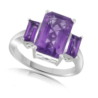 Simulated Emerald Cut Amethyst Three Stone Band Ring 14K  Gold Plated Silver - Image 1 of 2