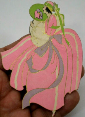 GIBSON Die Cut Bridge Tally Card Lady in Pink Dress Hat Flower Vtg1920-1930s A10 - Image 1 of 3