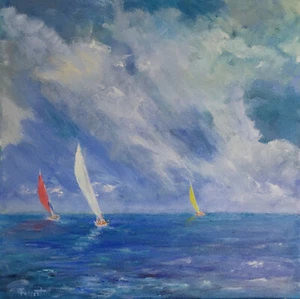 Sailboats Maritime Marine Seascape Ocean Sea Original 14x14 Acrylic Painting - Picture 1 of 1