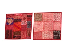 Set Of 2 Red Pillow Sham Embroidered Patchwork Throw Cushion Covers 16x16