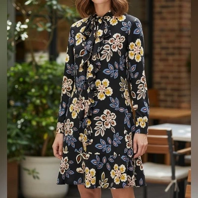 Tory Burch Jane Floral Silk Shirt Dress Black hopewell Print Size 6 - Image 1 of 4