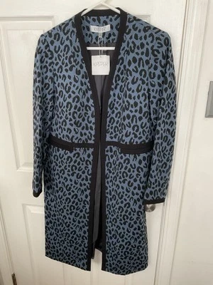 KASPER TEXTURED LEOPARD BLUE HERON BLACK METALLIC OPEN FRONT LINED COAT Size 8 - Image 1 of 4