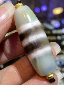 ONLY 1 Energy Tibetan Old Agate Green Totem 3 Stripe Symbol dZi Bead Amulet - Picture 1 of 9