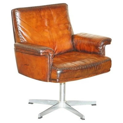 RESTORED MID CENTURY DE SEDE DS35 EXECUTIVE SWIVEL CAPTAINS CHAIR BROWN LEATHER - Image 1 of 4