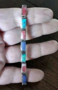 Vtg 925 Sterling Silver 14-Stone Inlaid Multi Gemstone Bracelet 7" 13g - Picture 1 of 7