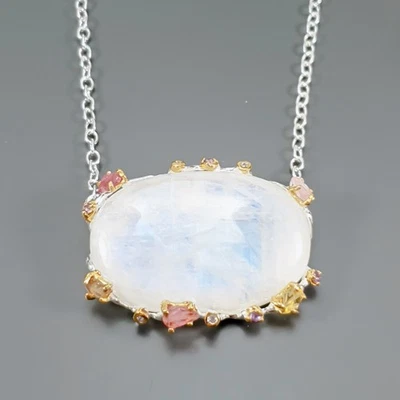 Collar de piedra lunar natural hecho a mano de 70 quilates + plata de ley 925 17,75"/N27599 Foto 1 de 4