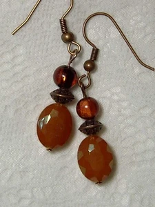 CYNTHIA LYNN "FIRESIDE" AMBER ORANGE RED GLASS BEAD COPPER DROP EARRINGS 1.75" - Picture 1 of 1
