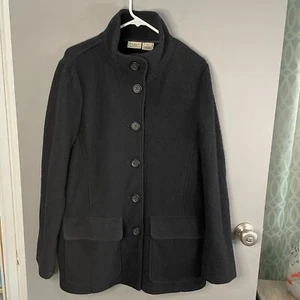 LL Bean Womens L Long Sleeve Button Front Black Wool Jacket Coat - Picture 1 of 6