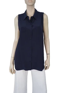 CO ESSENTIALS Sz L Sleeveless Navy Silk Button Up Shirt BRAND NEW - Picture 1 of 4