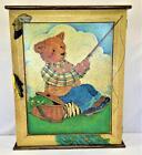 Vintage Wood Fishing Teddy Bear Cabinet Display Storage Box 16”