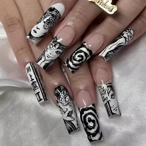 24Pcs Square French Tip Press on Nails Long Fake Nails Punk Cartoon Anime Design - Picture 1 of 12