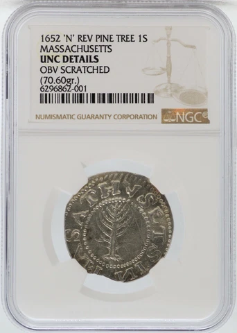1652 Massachusetts Pine Tree Shilling N Rev NGC UNC Details Colonial - JM632 Cover