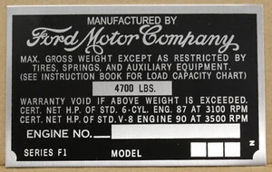 Ford Car or Pickup Truck DATA PLATE 1948 to 1952 FREE SHIPPING 4700LBS - Foto 1 di 1