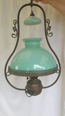 Suspension ancienne globe opaline verte céladon verre doublé diam 30 cm - Photo 1/4