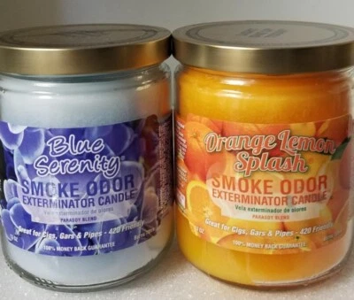 Smoke Odor 13 oz Candles 2 Fragrances Set Blue Serenity/Orange Lemon Splash. - Image 1 of 4