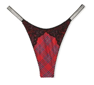 Victoria's Secret Very Sexy Lace Thong Shine Strap Sz L - Lacy Plaid Red - Picture 1 of 3