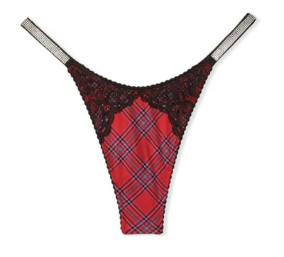 Victoria's Secret Very Sexy Lace Thong Shine Strap Sz M - Lacy Plaid Red - Image 1 of 3