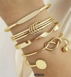 5 Pcs Set Exquisite Golden Alloy Bracelets Jewelery Gift - Picture 1 of 9