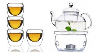 600ML Heat Resistant Glass Tea Coffee Pot Set  With Infuser + 4 x 80 ML Cup - Picture 1 of 8