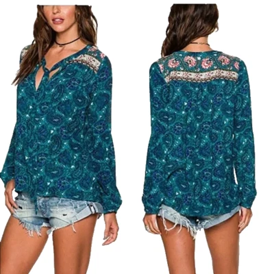 (NWT) Billabong Birds on High Paisley Print Long Sleeve Tie Front V-Neck Top S - Image 1 of 4
