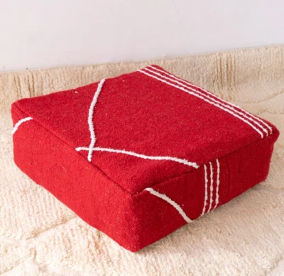 24x24 Moroccan Handmade Pouf Berber Kilim Rug Red Floor Cushion Footstool - Image 1 of 4