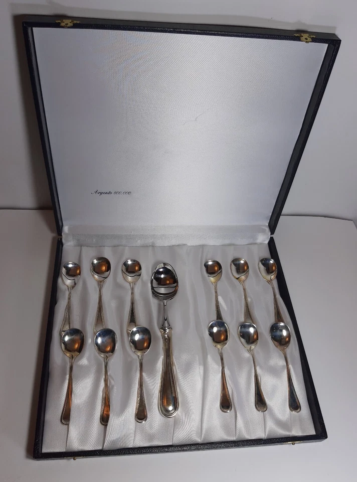 Servizio Posate 12 + 1 Cucchiaio Argento Pieno Massiccio 800 Punzonato Lusso - Immagine 1 di 4