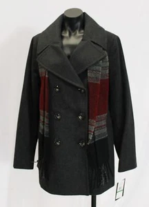 London Fog Women's Double Breasted Pea Coat With Scarf LB3 Charcoal/Red Large - Picture 1 of 6