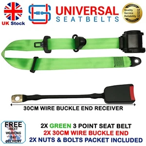 2x Green Universal 3.5m Length 3 Point Inertia Seatbelt & 30cm Wire Receiver - Picture 1 of 5