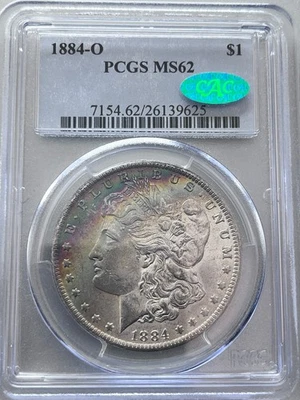1884 O, Morgan Silver Dollar, Beautiful Rainbow Toning on Obverse, PCGS & CAC - Image 1 of 4
