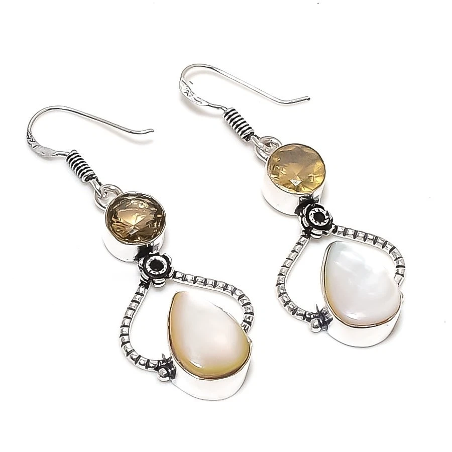 Natural Mother of Pearl Gemstone 925 Sterling Silver Jewelry Earring Size 2'' - Image 1 of 1
