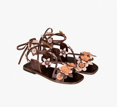 Sandálias femininas Zara de couro liso com cadarço marrom floral tamanho UE 37/EUA 6,5 novas com etiquetas - Imagem 1 de 4