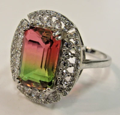 Simulated Watermelon Tourmaline Diamond Sterling Silver Ring Size 7.0 HH796 - Image 1 of 4