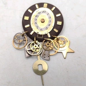 Vintage Steampunk Brosche Anhänger Uhr Zahnräder Gold Messing Schwarz Handarbeit 2" - Bild 1 von 7