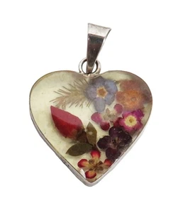 Gepresste Blume Sterlingsilber ATH Mexiko herzförmiger Anhänger - Bild 1 von 4