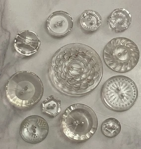 Vintage 12 Czech Clear Depression Crystal Glass Crafting Buttons 107-42 - Picture 1 of 17