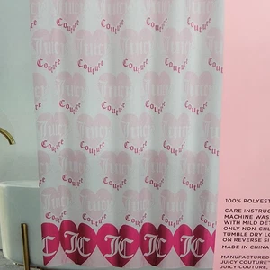 NEW JUICY COUTURE Fabric SHOWER CURTAIN With HOOKS 70x72 JC Hearts Pink Metallic - Picture 1 of 5