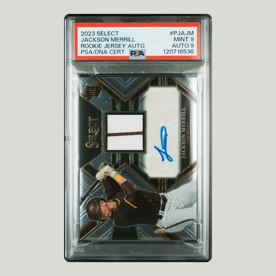 Jackson Merrill Rookie Patch Auto 2023 Panini Select Rookie Jersey Auto PSA 9 - Image 1 of 1
