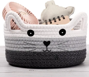 Cat Basket Storage Woven Organizer Cotton Rope Toy Bin Nursery White Gray Set - Picture 1 of 11