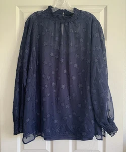 Torrid Top Womens 2X Navy Blue Mock Neck Long Sleeve Sheer Overlay Chiffon NwT - Picture 1 of 15