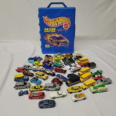 Lot of 48 toy cars 1970-2000s Hot Wheels matchbox maisto with carrying case - Image 1 of 4