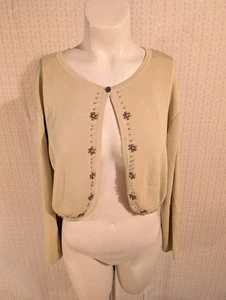 Vintage Y2K Cropped Cardigan M Bolero Topper Beaded Flowers Cottage Core Green - Picture 1 of 13