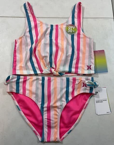 Big Girls Hurley Striped 2-Piece Swim Suit Bow (Pick Size) - Picture 1 of 6